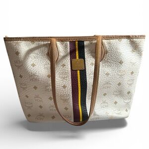 MCM Zipper Tote White with Gold Visetos & Stripes with Insert